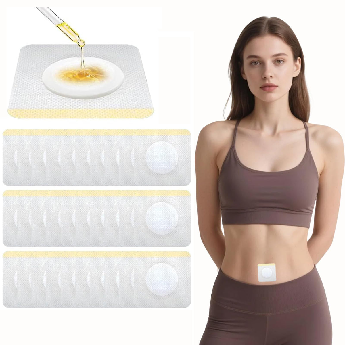 LANGLI castor oil patch on belly button with secure adhesive for mess-free use.