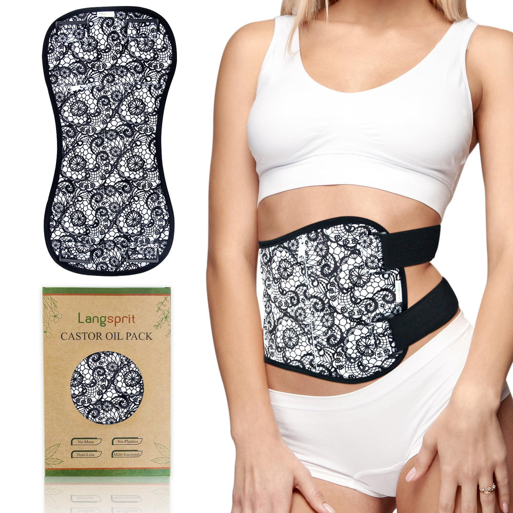 Langsprit castor oil pack wrap front view for warm, comfortable use