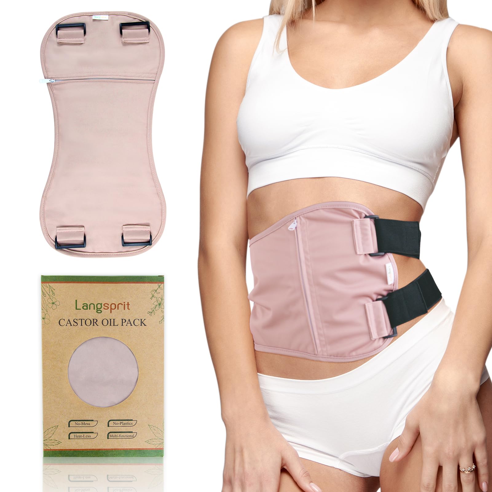 Langsprit Castor Oil Pack Wrap pink close-up in soft two-layer cotton fabric.