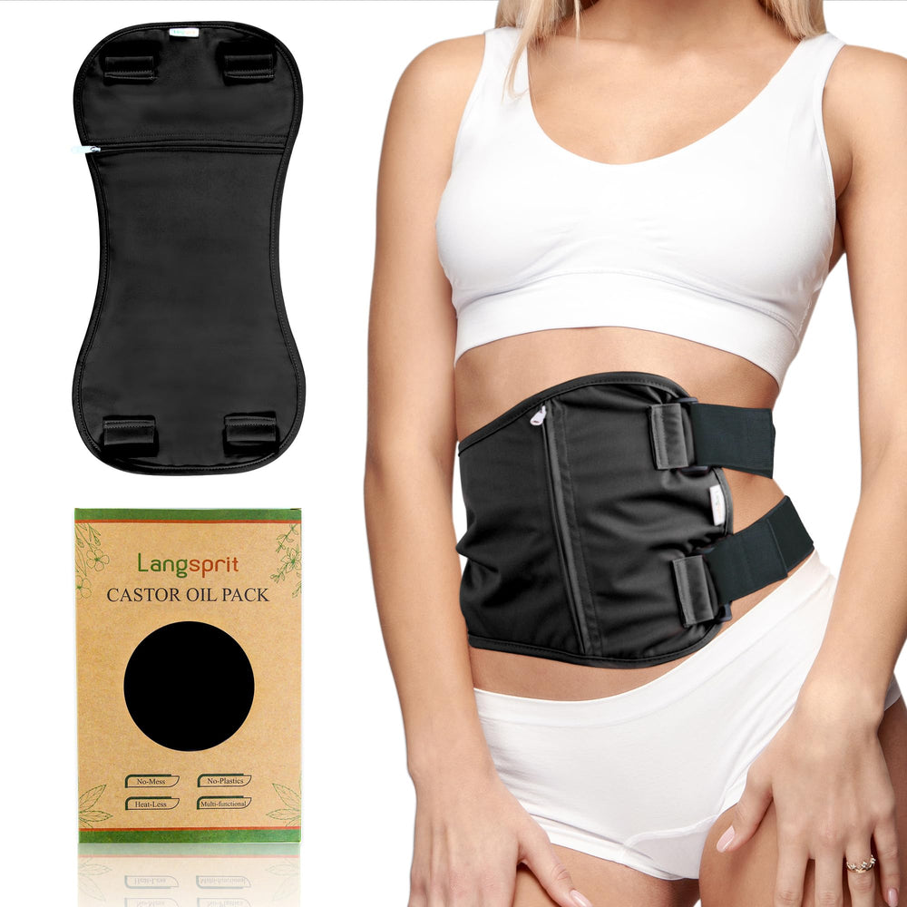 Langsprit castor oil pack wrap shown for comfortable, mess-free treatment sessions.