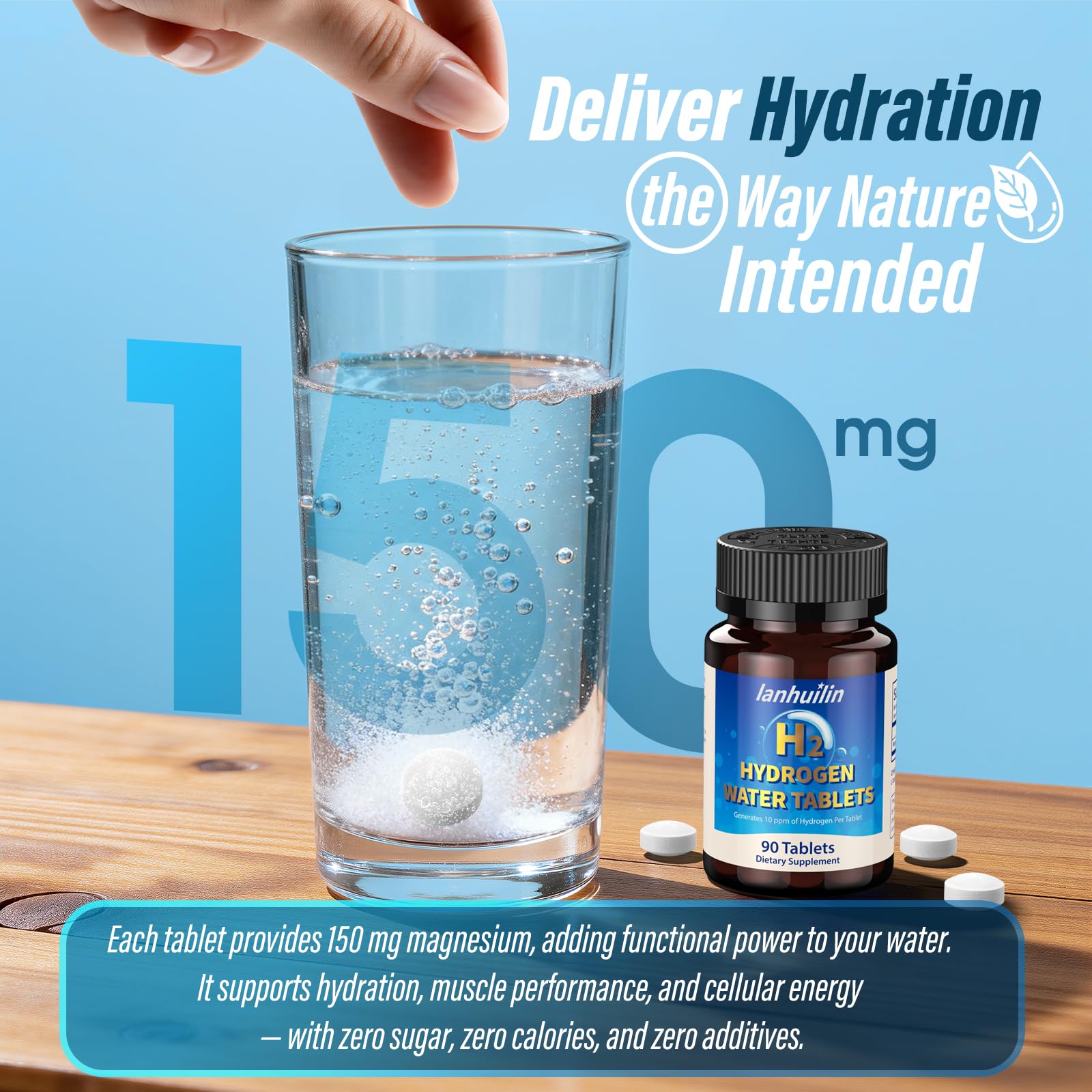 Lanhuilin tablet dissolving in water releasing hydrogen for refreshment.