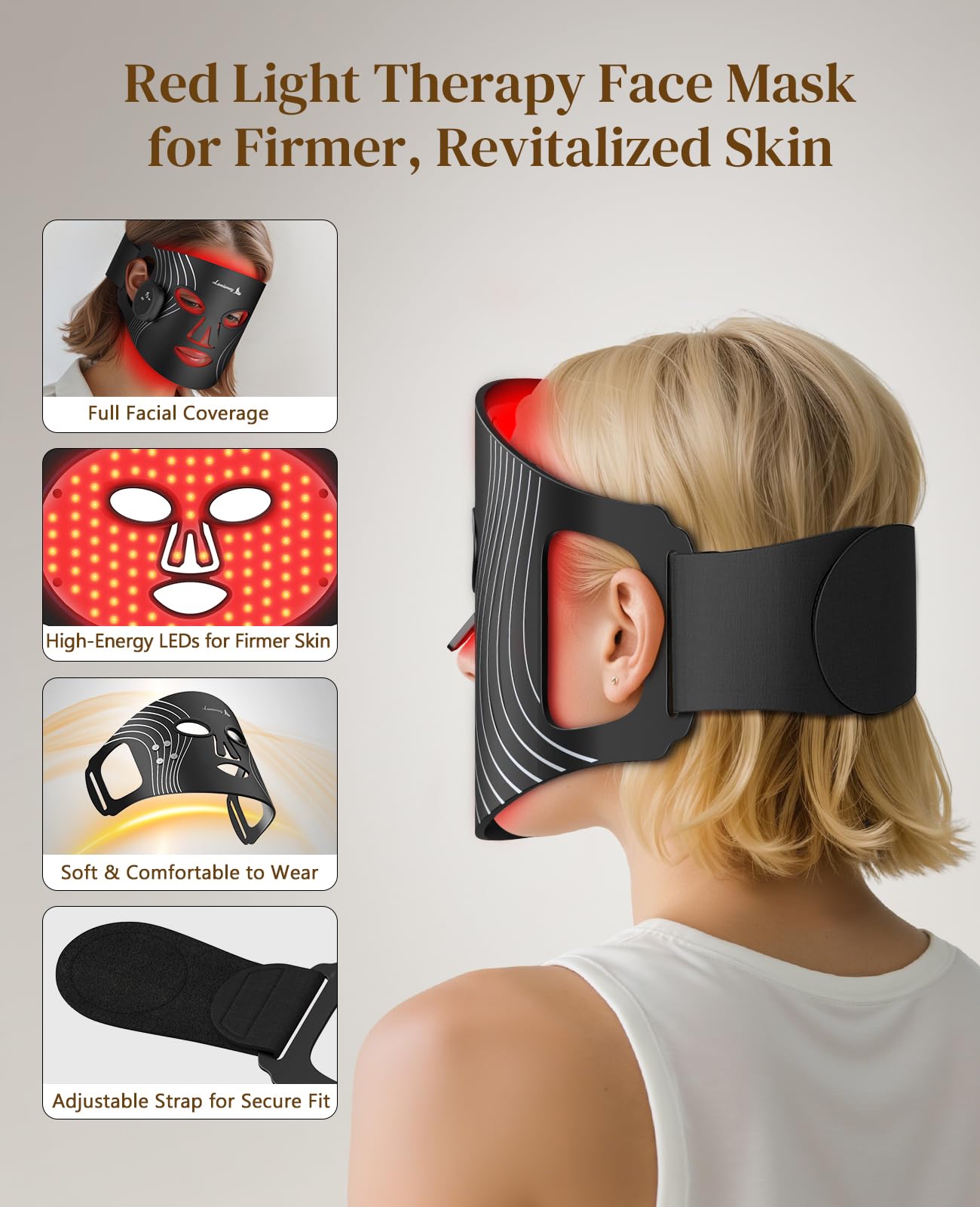 Lanieney red light mask soft silicone texture and adjustable straps