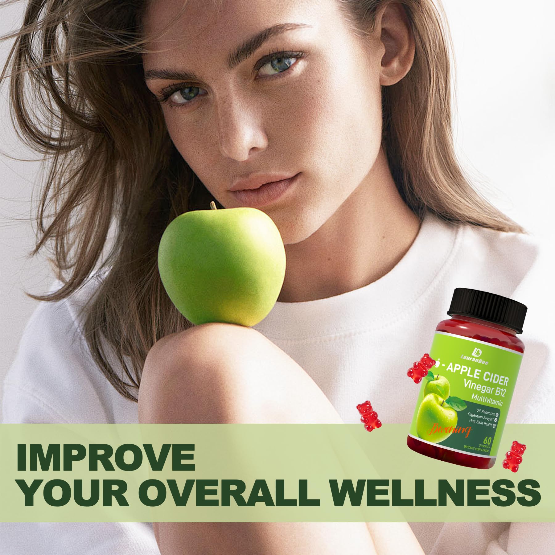 LanranBee ACV gummies with B12 label suggests energy-supporting vitamins