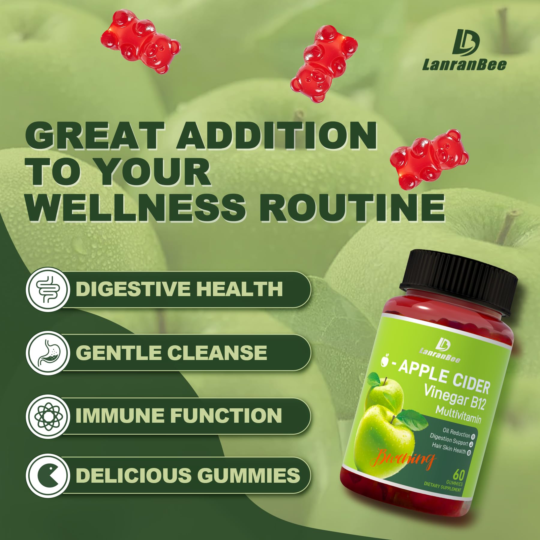 LanranBee ACV gummies close-up reveals chewy texture for daily use