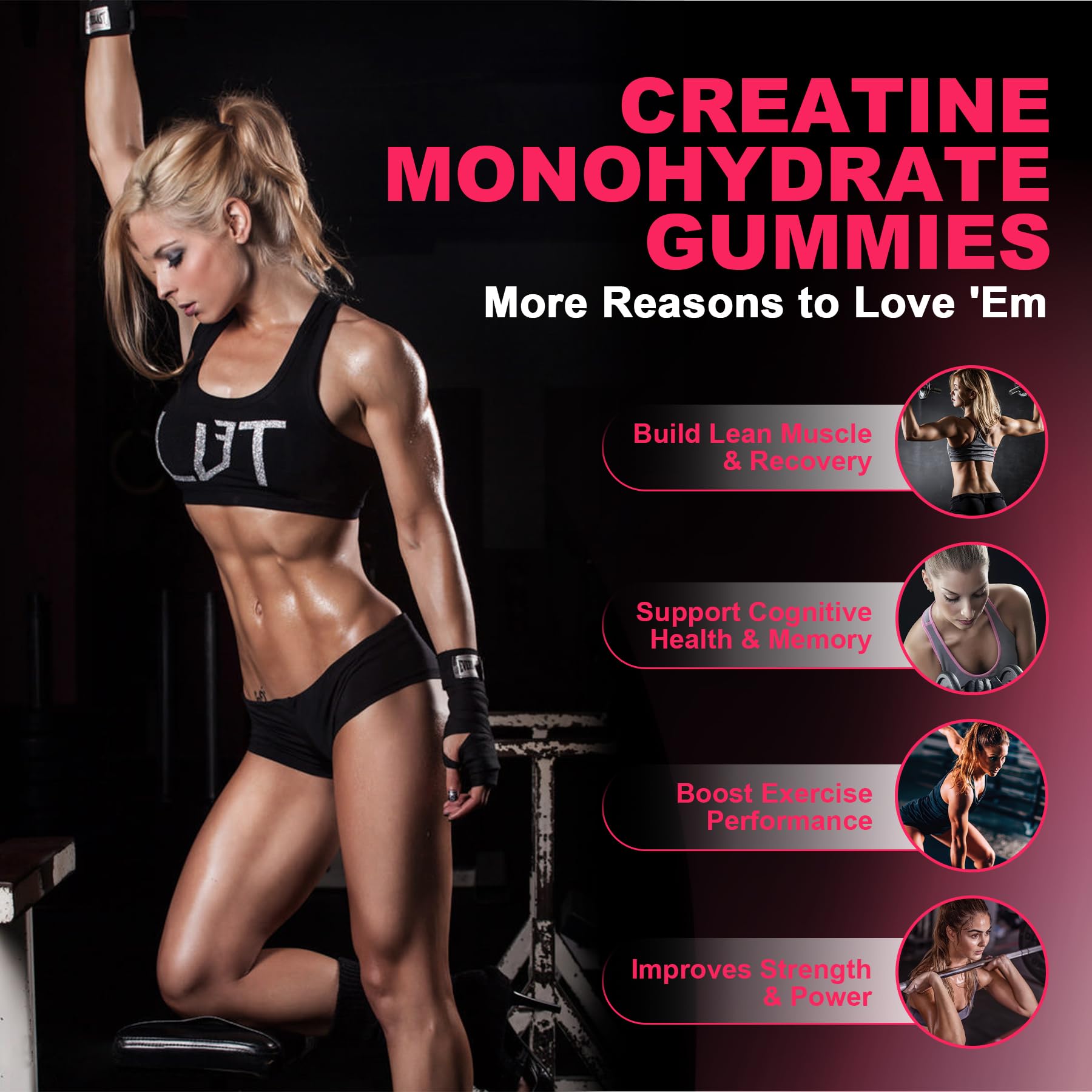 LanranBee Creatine Women Gummies pack-front displays colorful strawberry flavor.