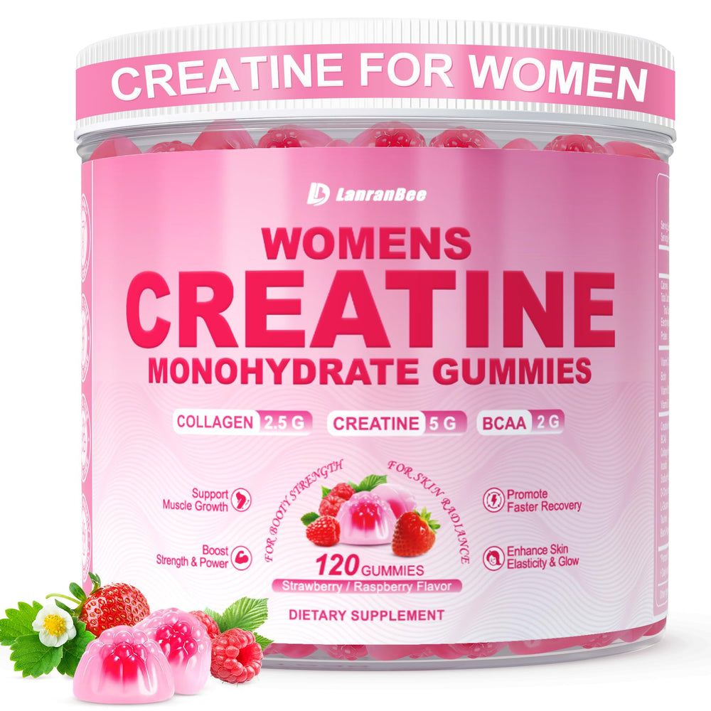 LanranBee Creatine Women Gummies strawberry bottle boosts energy on the go.