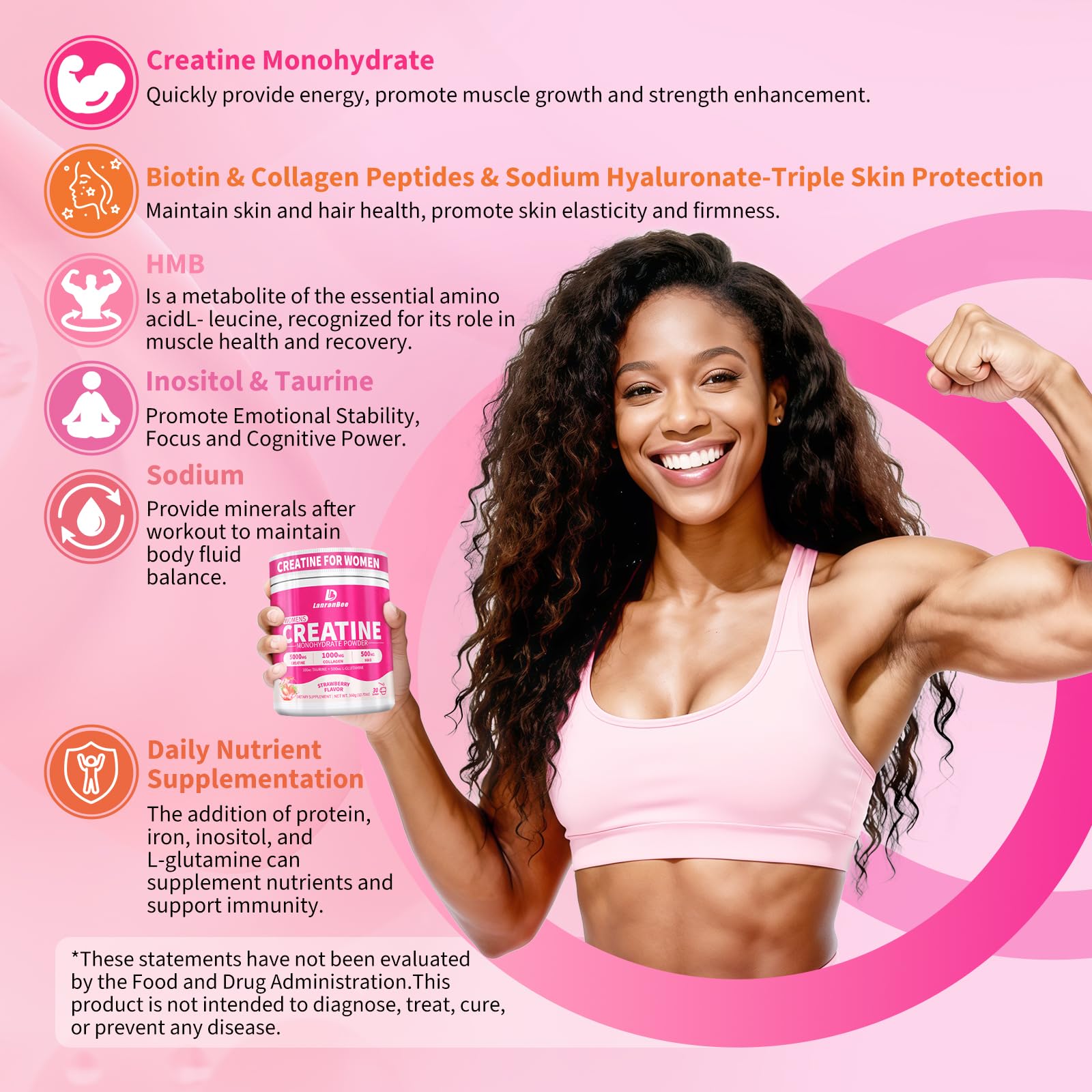 LanranBee Creatine strawberry flavor ready in glass for energy