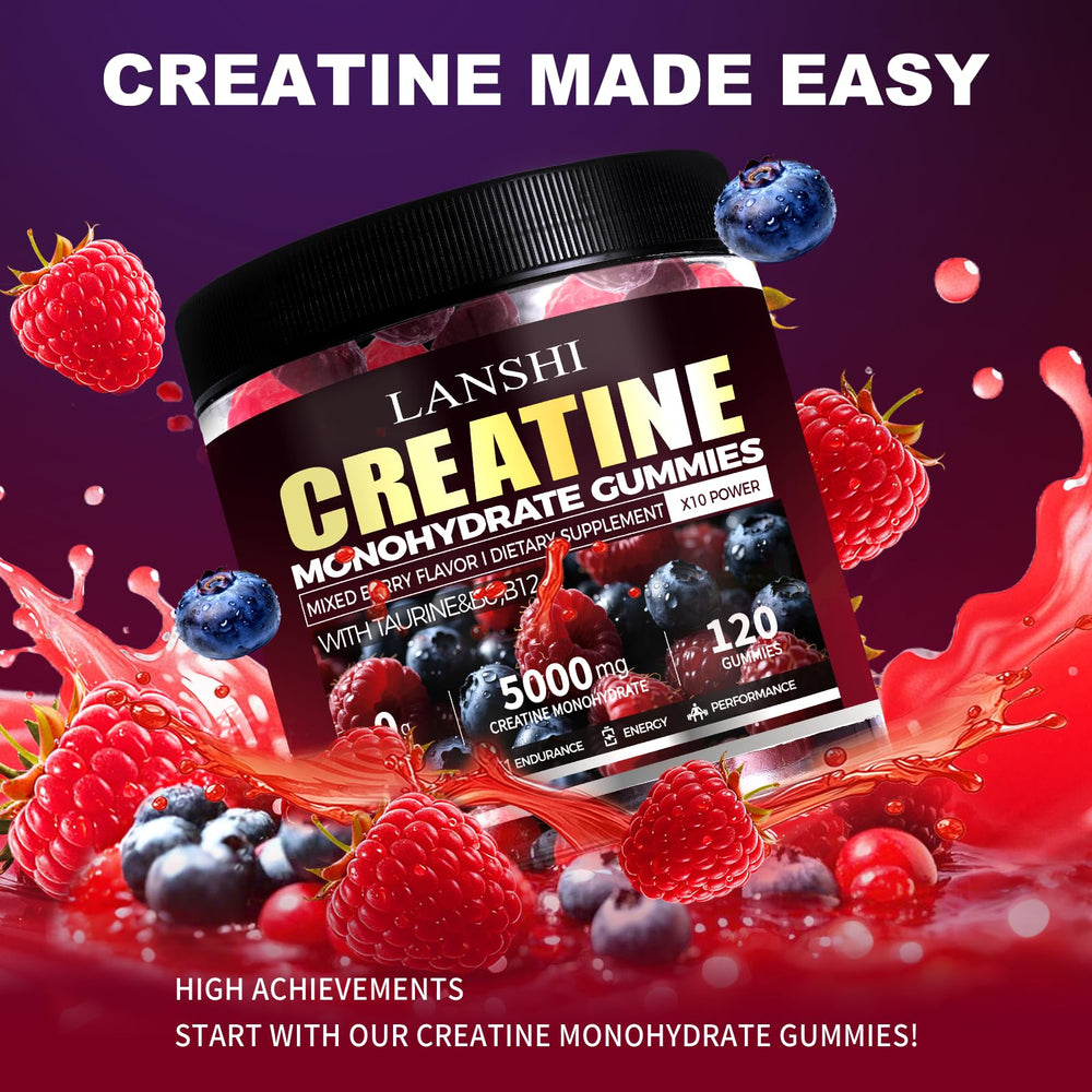 LANSHI Creatine Monohydrate Gummies with mixed berry flavor showing vibrant color.