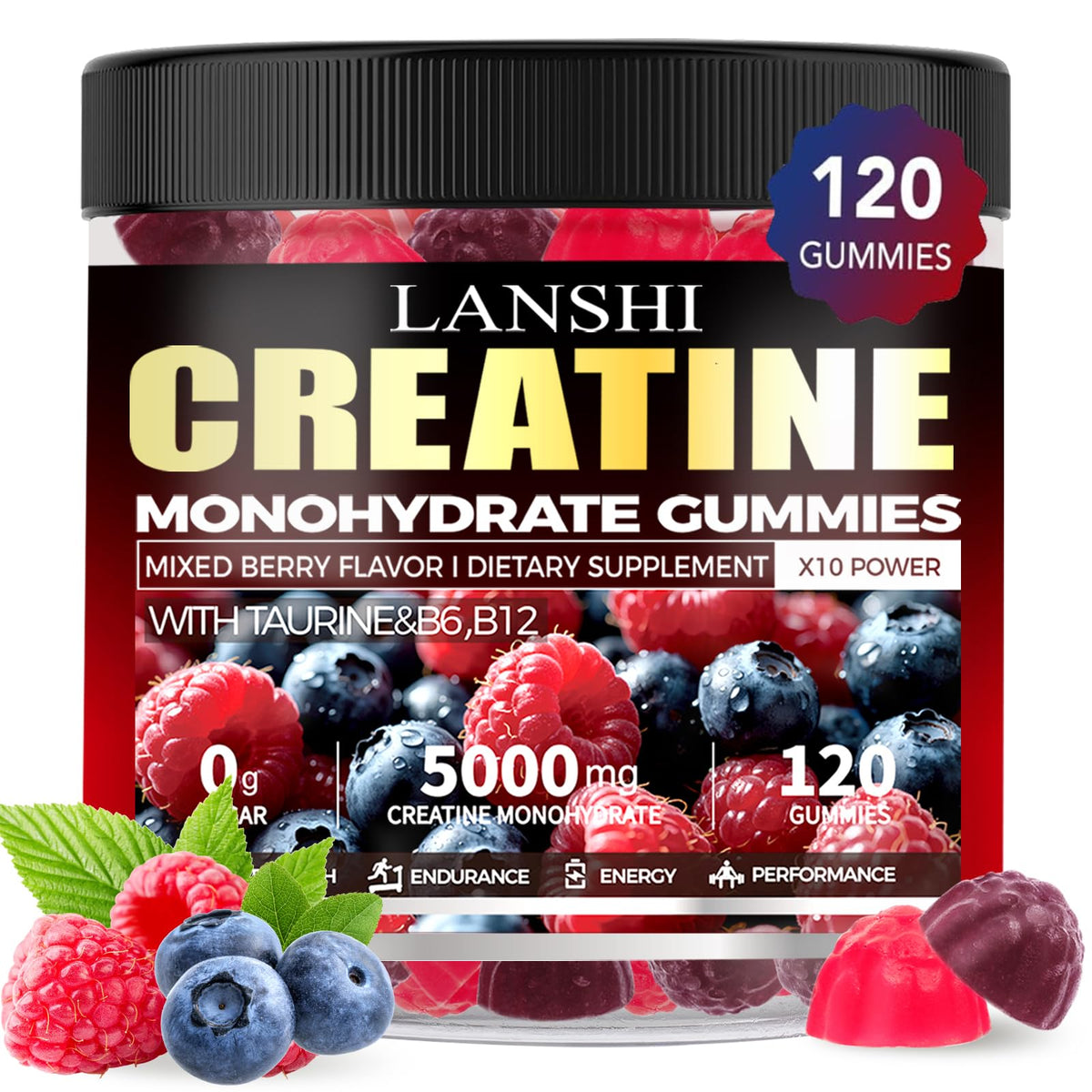 LANSHI Creatine Monohydrate Gummies bottle on a gym bench, convenient energy support.