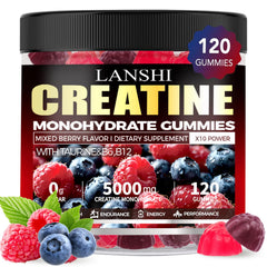 LANSHI Creatine Monohydrate Gummies bottle on a gym bench, convenient energy support.