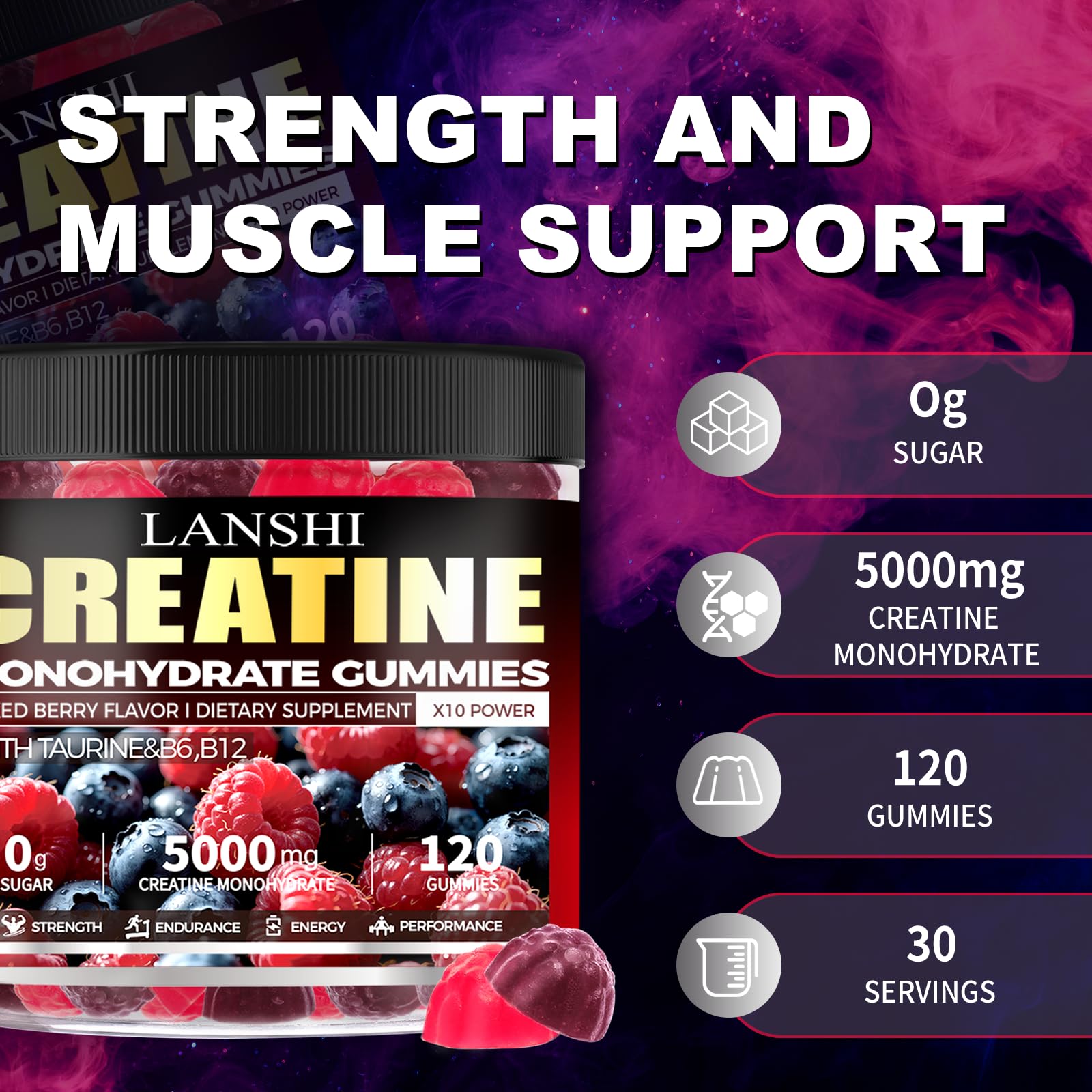 LANSHI gummies beside a shaker bottle signaling pre- or post-workout use.