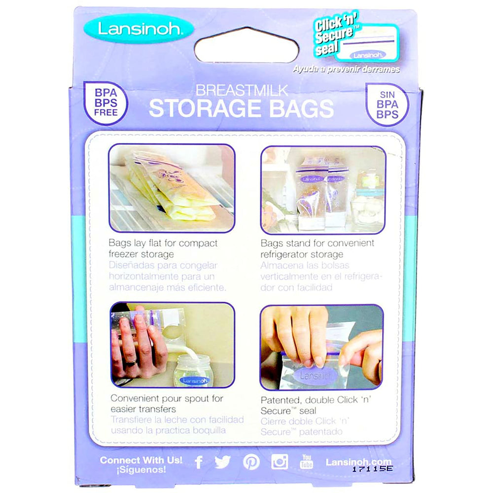 Lansinoh breast milk storage bags back label area for date and amount tracking.