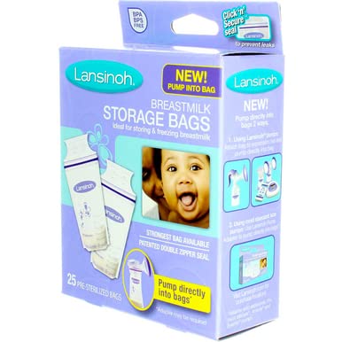 Lansinoh breast milk storage bags packaging with count information.