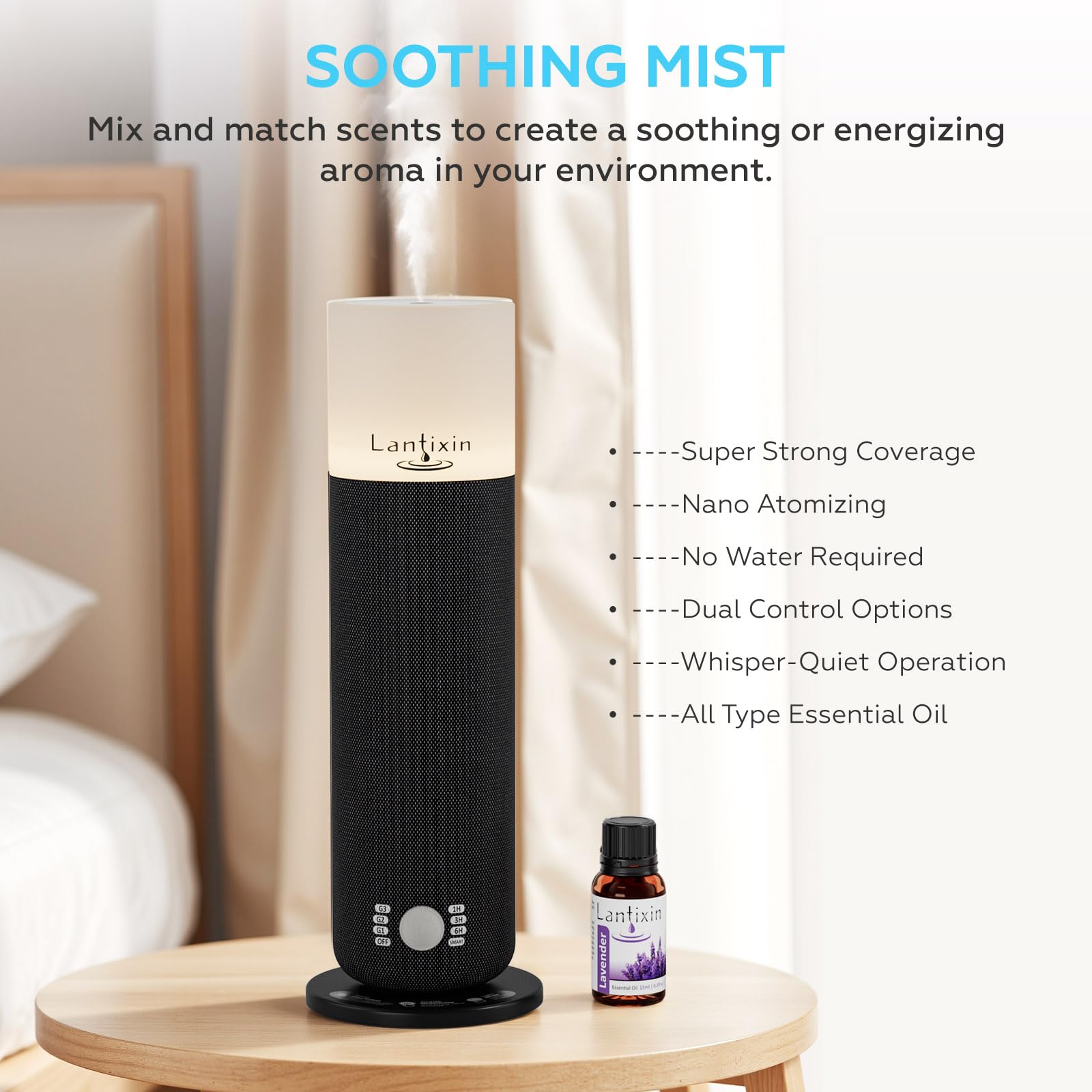 LANTIXIN waterless diffuser side panel highlighting compact footprint for hotel rooms