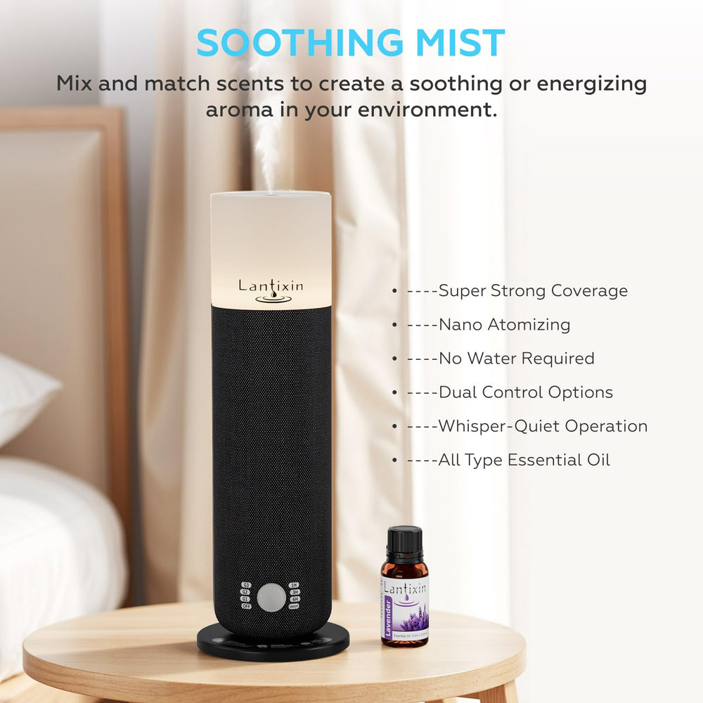 LANTIXIN waterless diffuser side panel highlighting compact footprint for hotel rooms