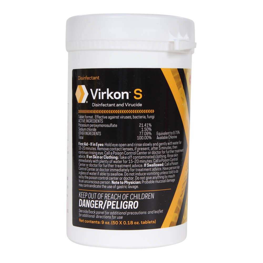 Lanxess Virkon S packaging shows 50 tablets for easy livestock facility disinfection