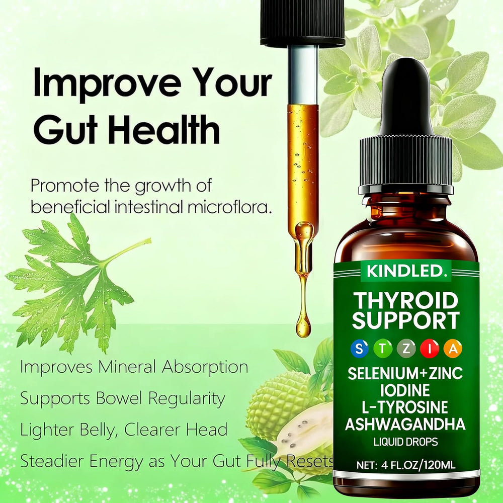 LANZF Kindled Thyroid Support Drops label notes gluten-free and non-GMO ingredients.