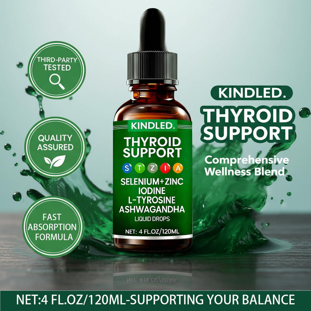 LANZF Kindled Thyroid Support Drops ingredients list featuring iodine, zinc, and selenium.