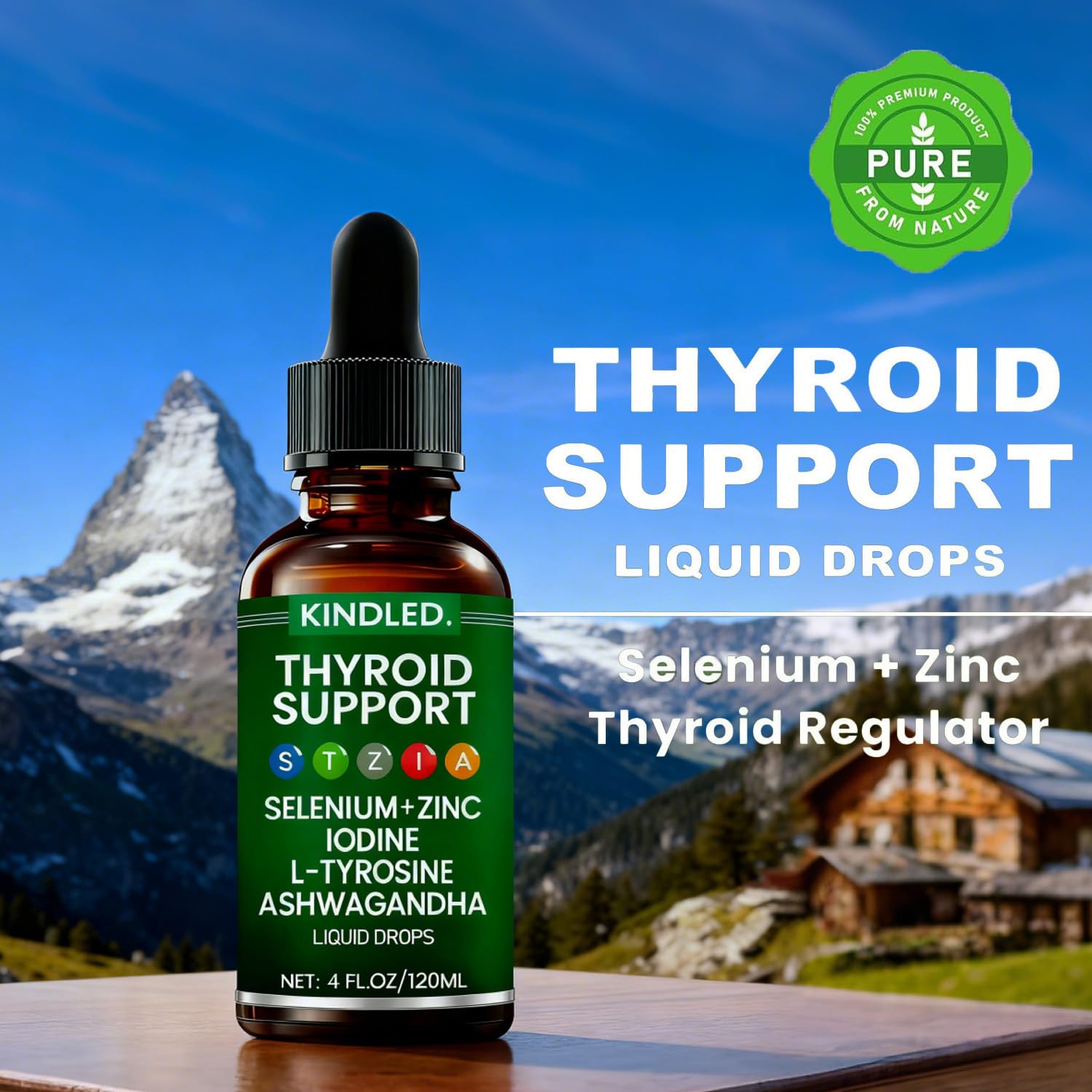 LANZF Kindled Thyroid Support Drops label highlights a clean, vegetarian-friendly formula.