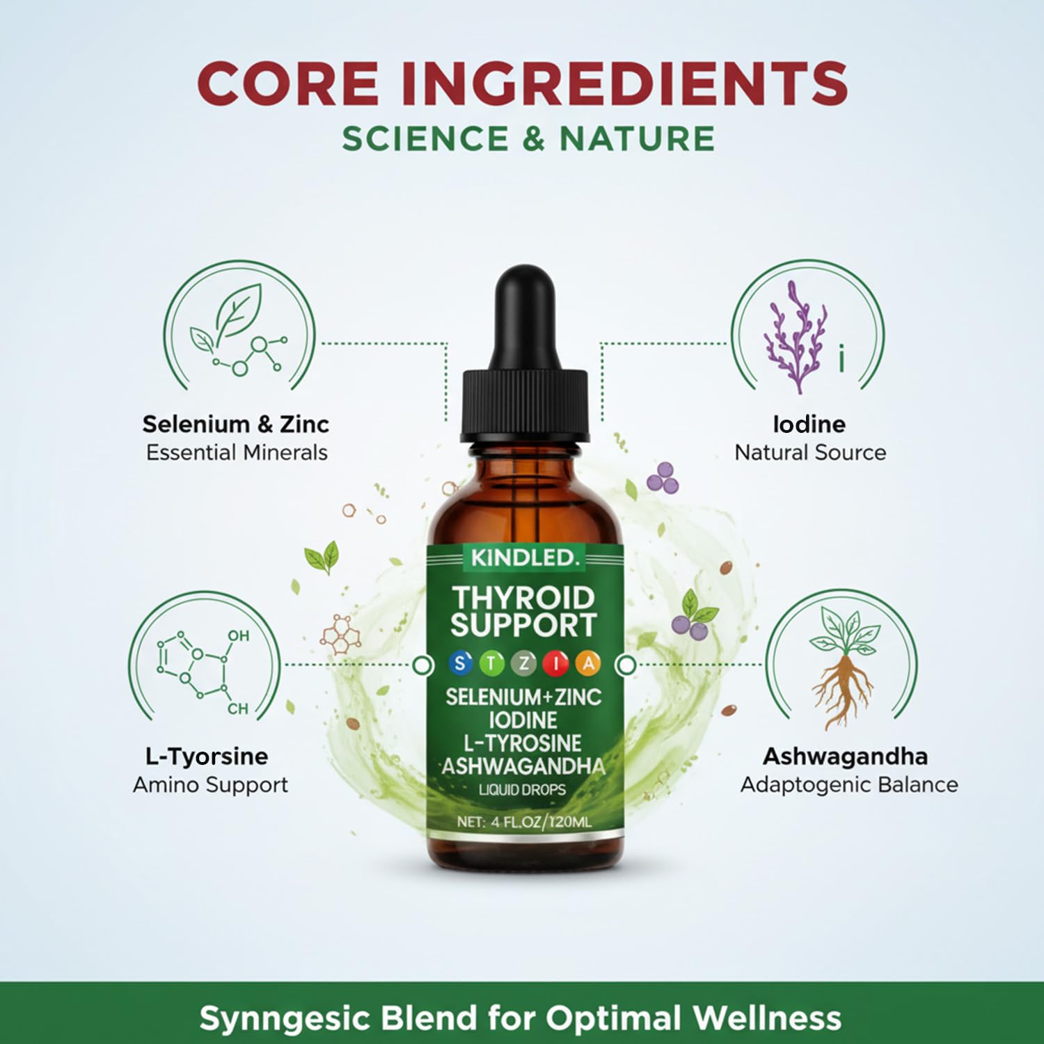 LANZF Kindled Thyroid Support Drops with ashwagandha suggesting a calming daily routine.