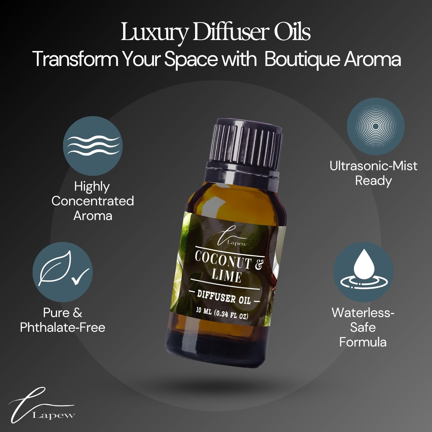 Lapew coconut & lime diffuser bottle close-up showing premium packaging.