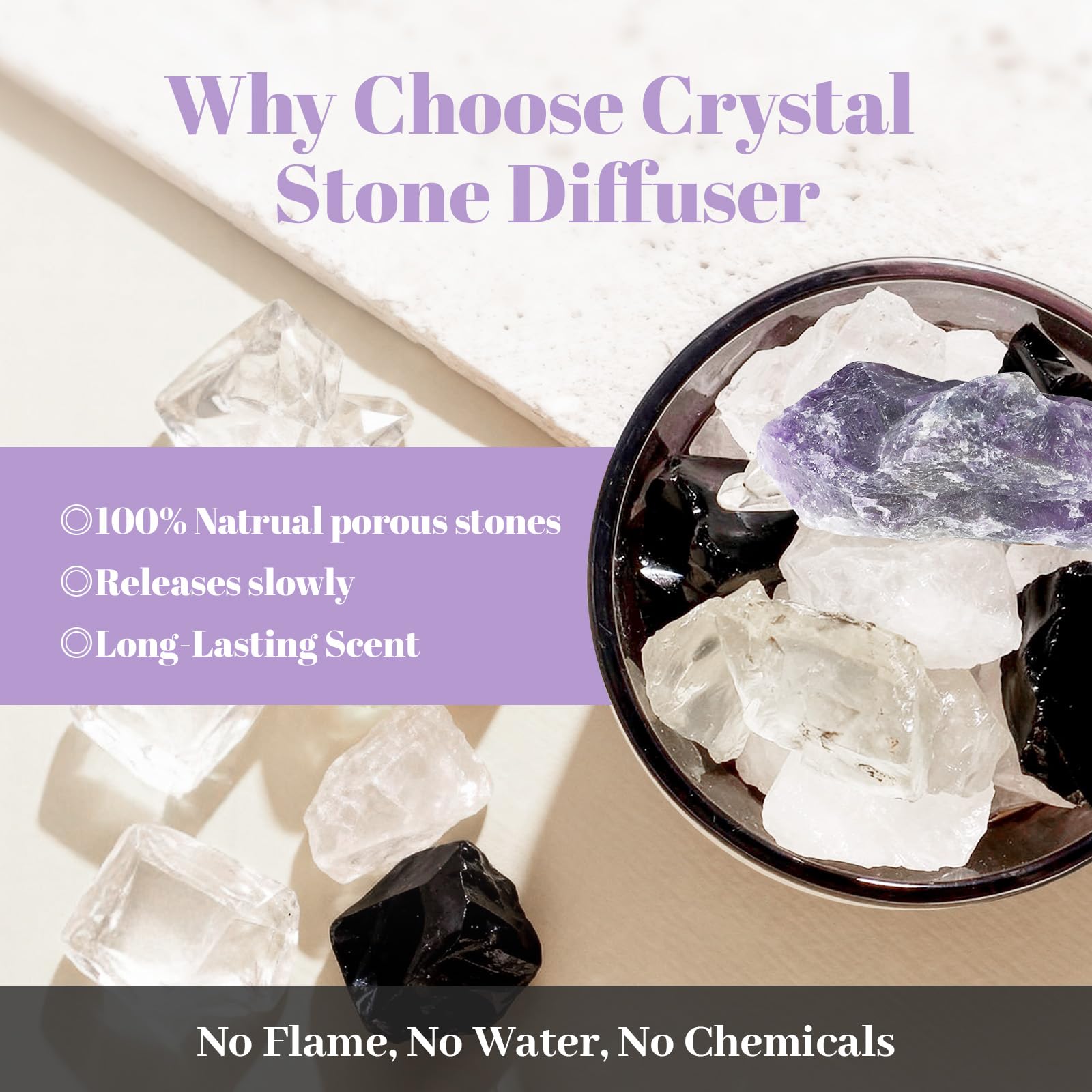 LAPLOSY diffuser with clear quartz crystals for bright, fresh atmosphere.