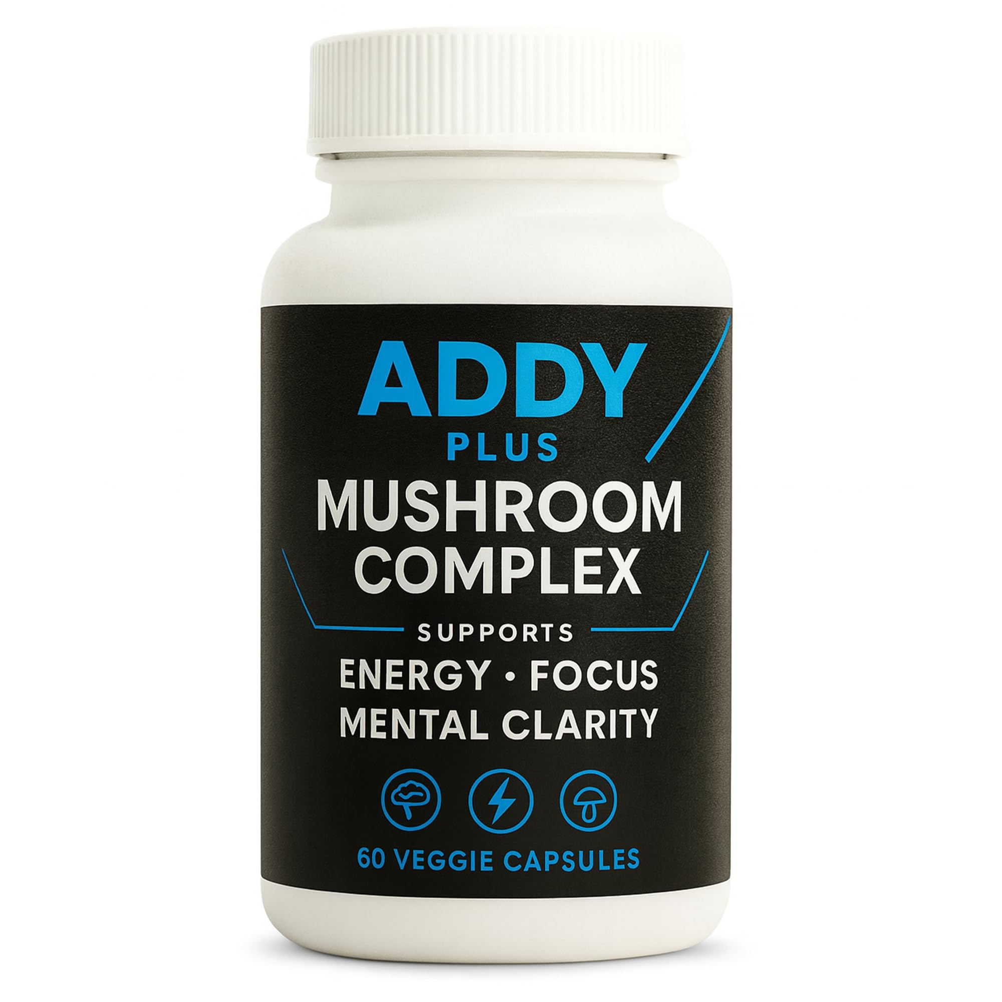 Laré Naturals Addy Plus Mushroom Complex bottle with clean packaging for focused energy.