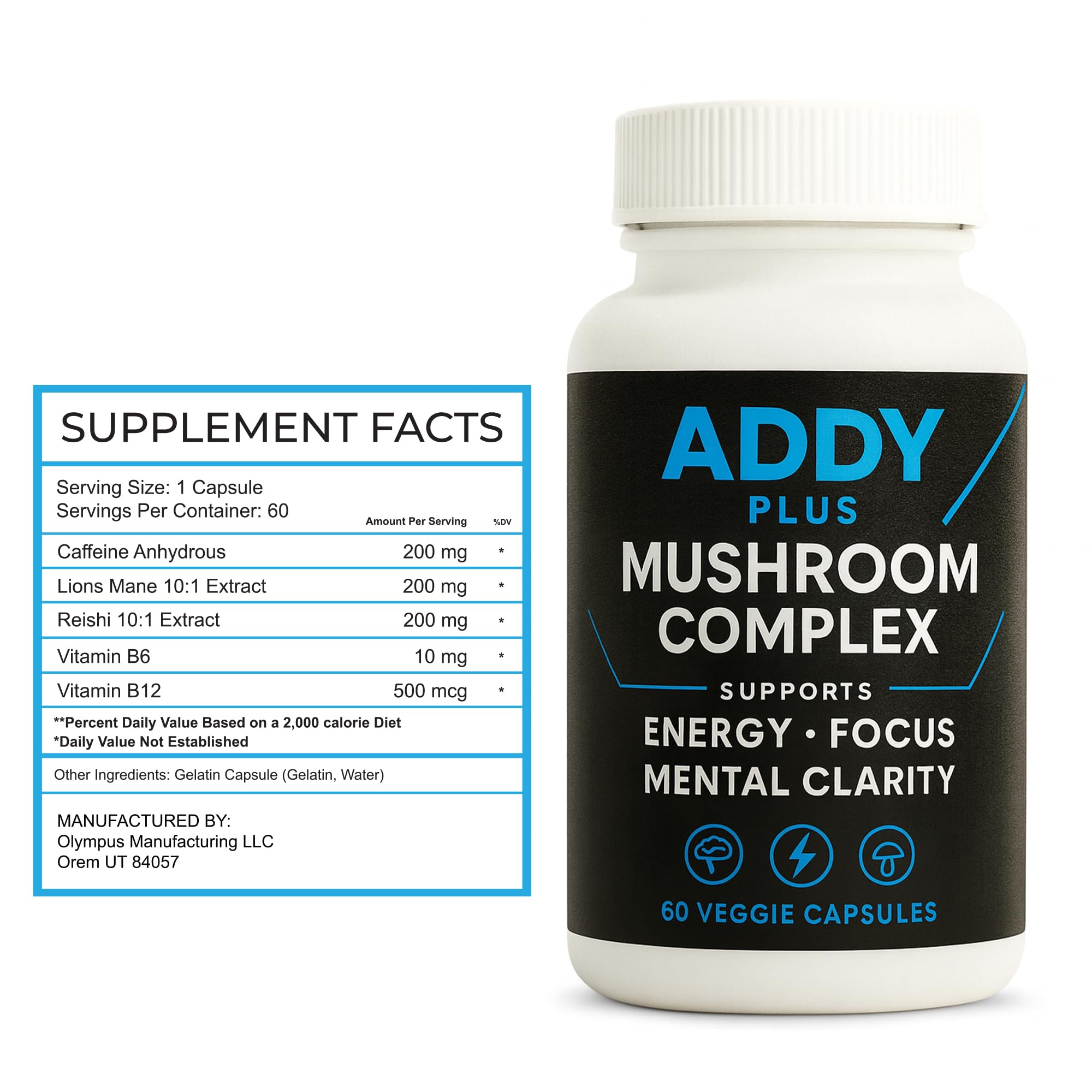 Laré Naturals Addy Plus capsules in a glass jar signaling steady energy support.