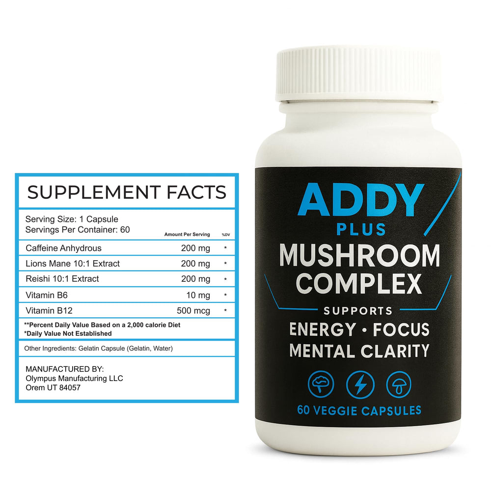 Laré Naturals Addy Plus capsules in a glass jar signaling steady energy support.