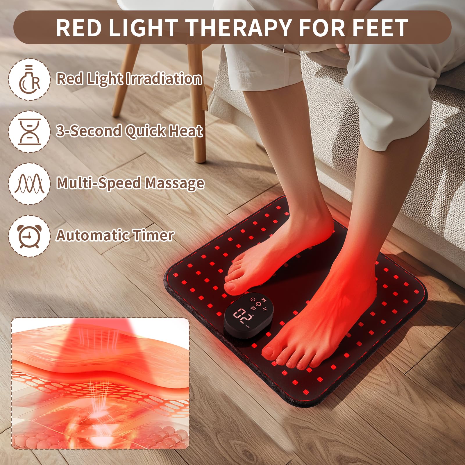 LaseLocks dual-wavelength LEDs close-up showing 660nm and 850nm therapy for relaxing feet