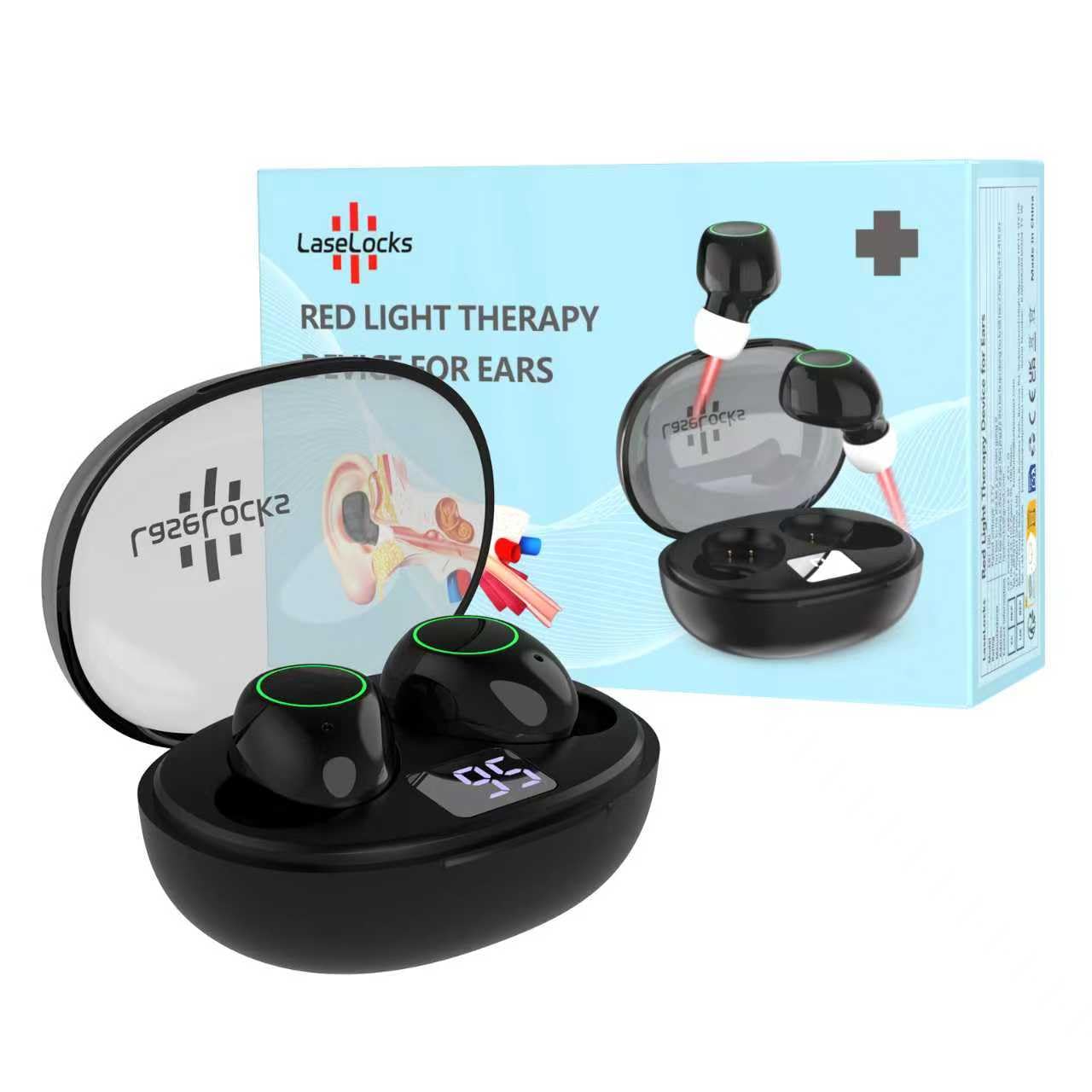 LaseLocks ear device emitting 650nm light for gentle ear wellness.