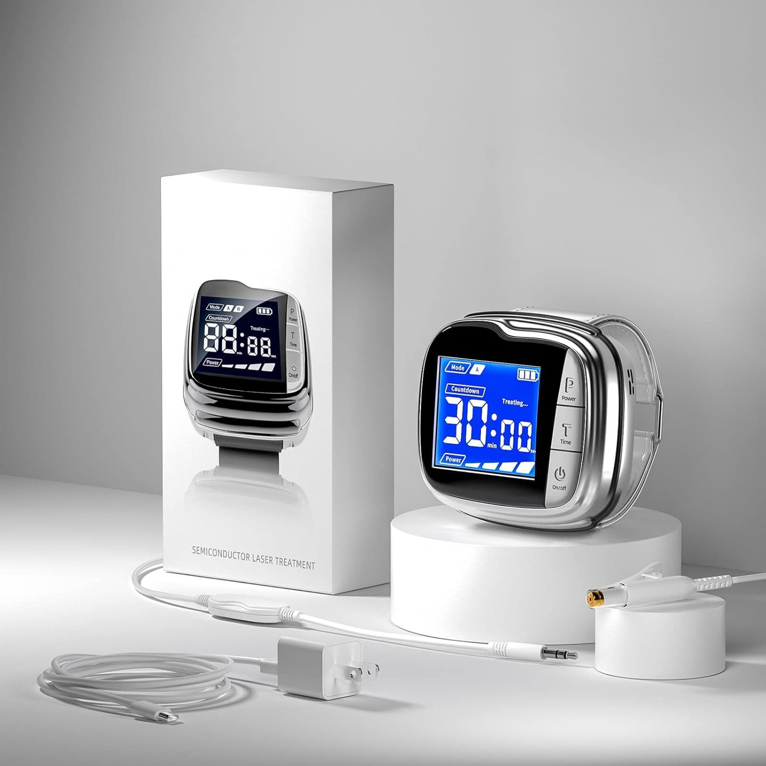 LASEPREHT packaging and wristwatch ready for bedside or travel use.
