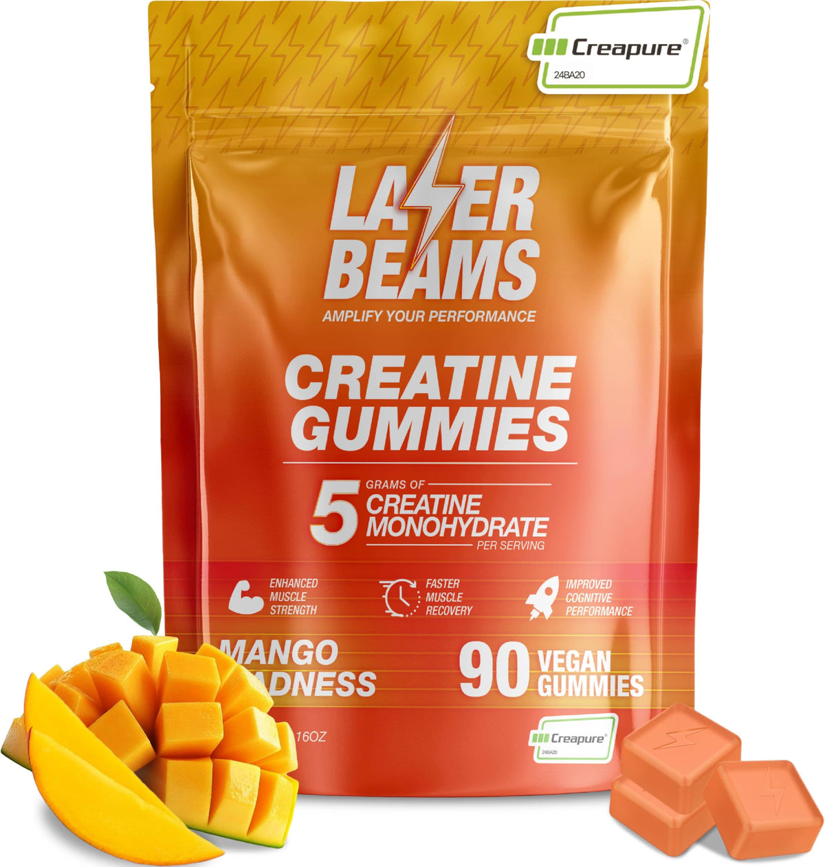 Laser Beams Creatine Gummies packaging highlighting convenient vegan mango chews for daily support