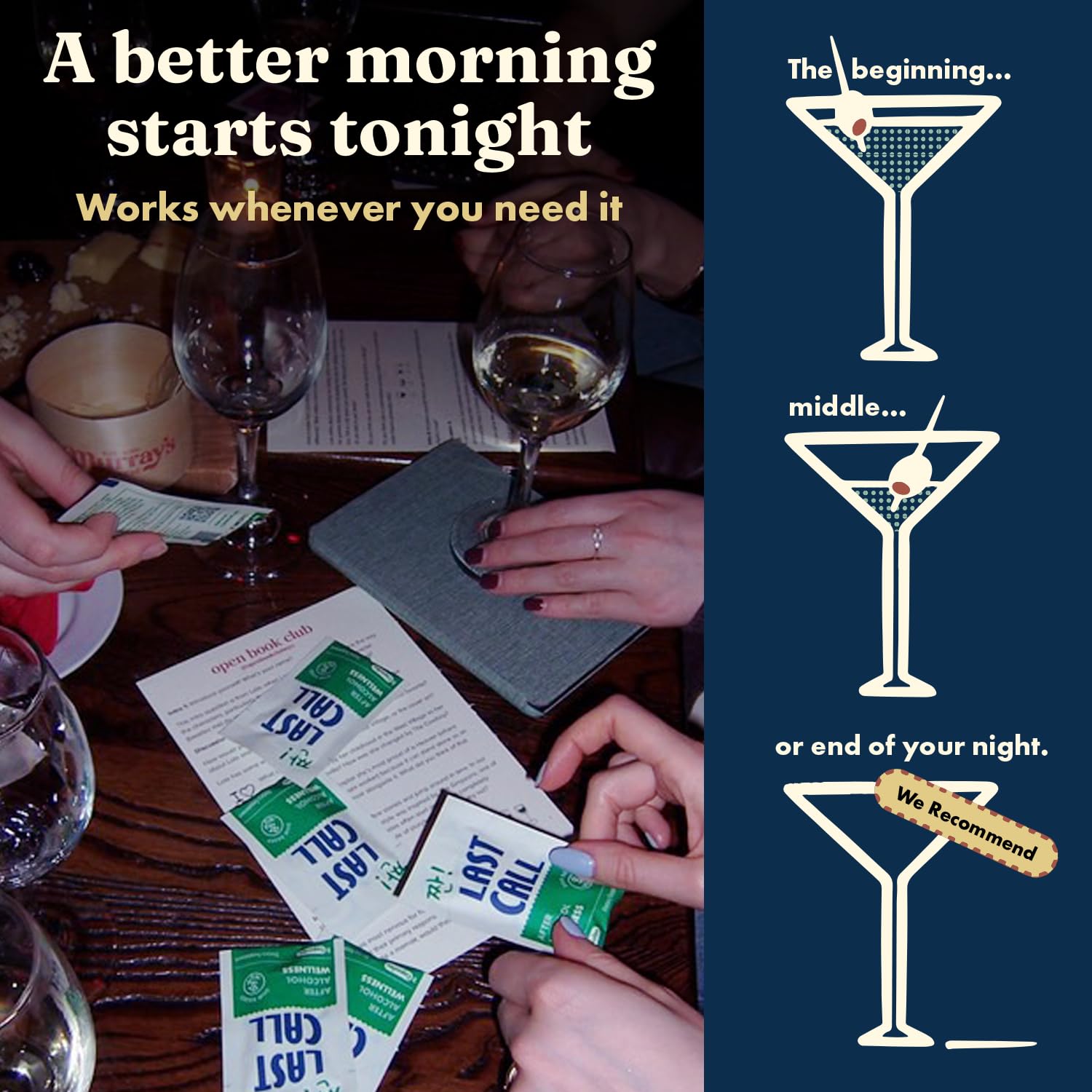 Last Call single-serving sachets ready for on-the-go post-drink support.