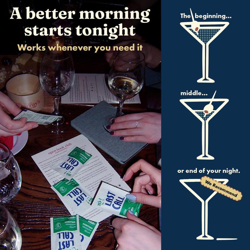 Last Call single-serving sachets ready for on-the-go post-drink support.