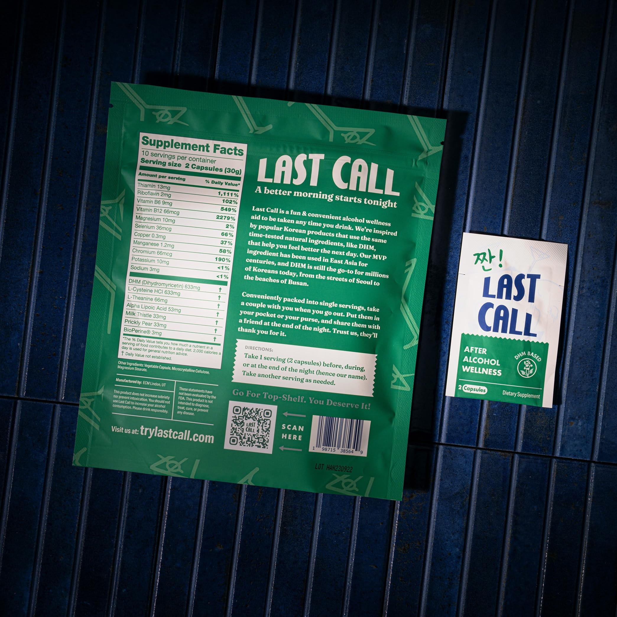 Last Call travel pack shown for portable post-drink wellness on trips.