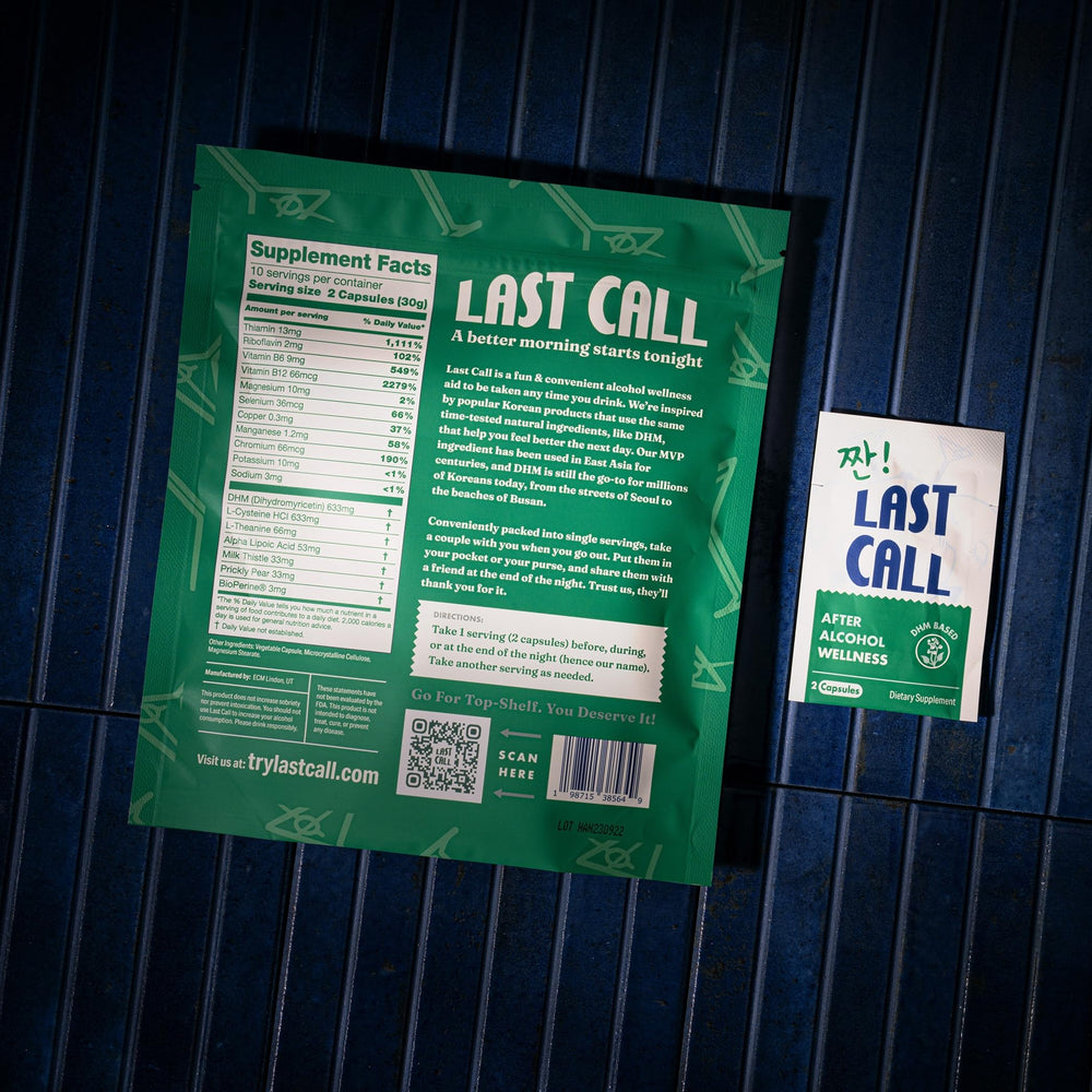 Last Call travel pack shown for portable post-drink wellness on trips.