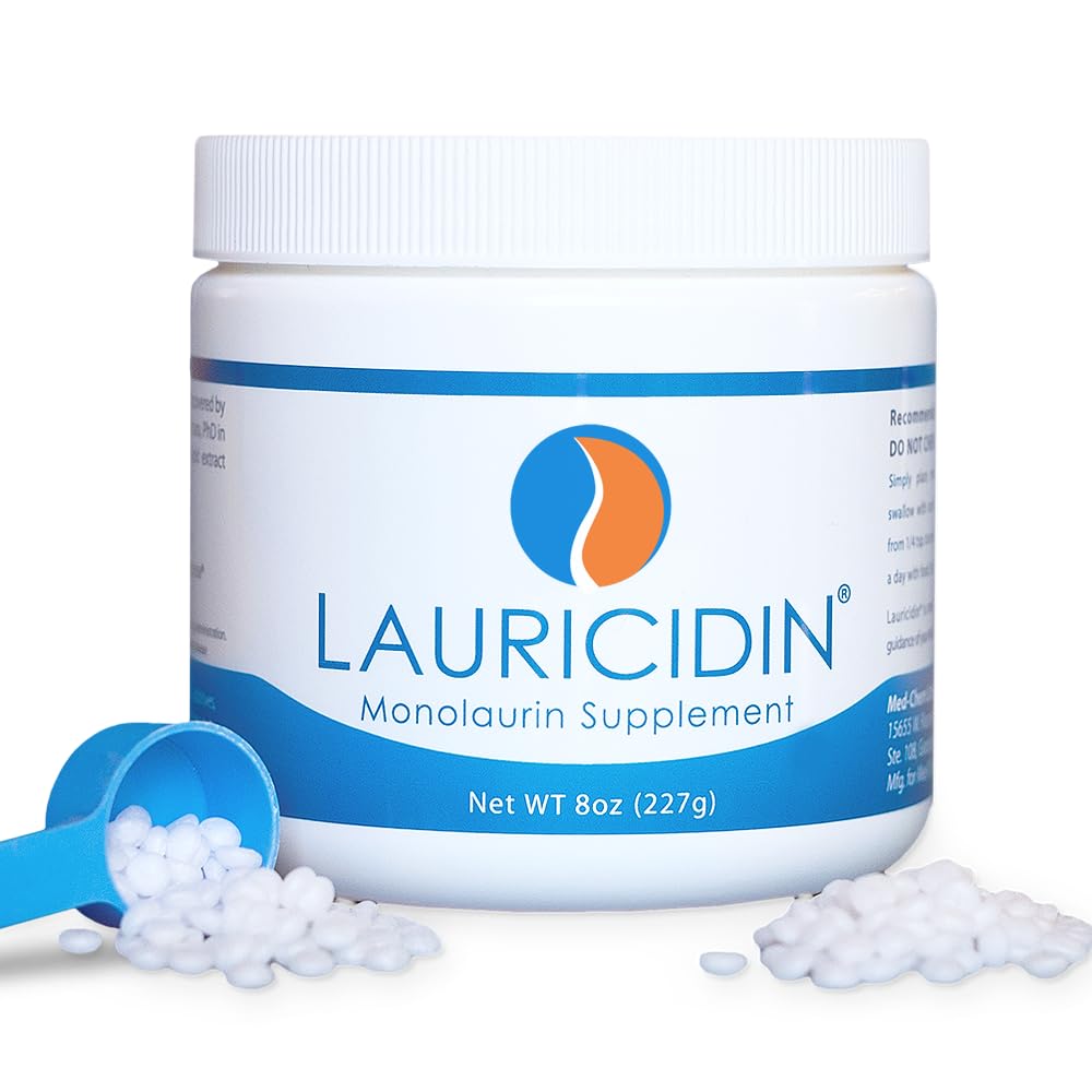 Lauricidin bottle front label highlights monolaurin for immune support.