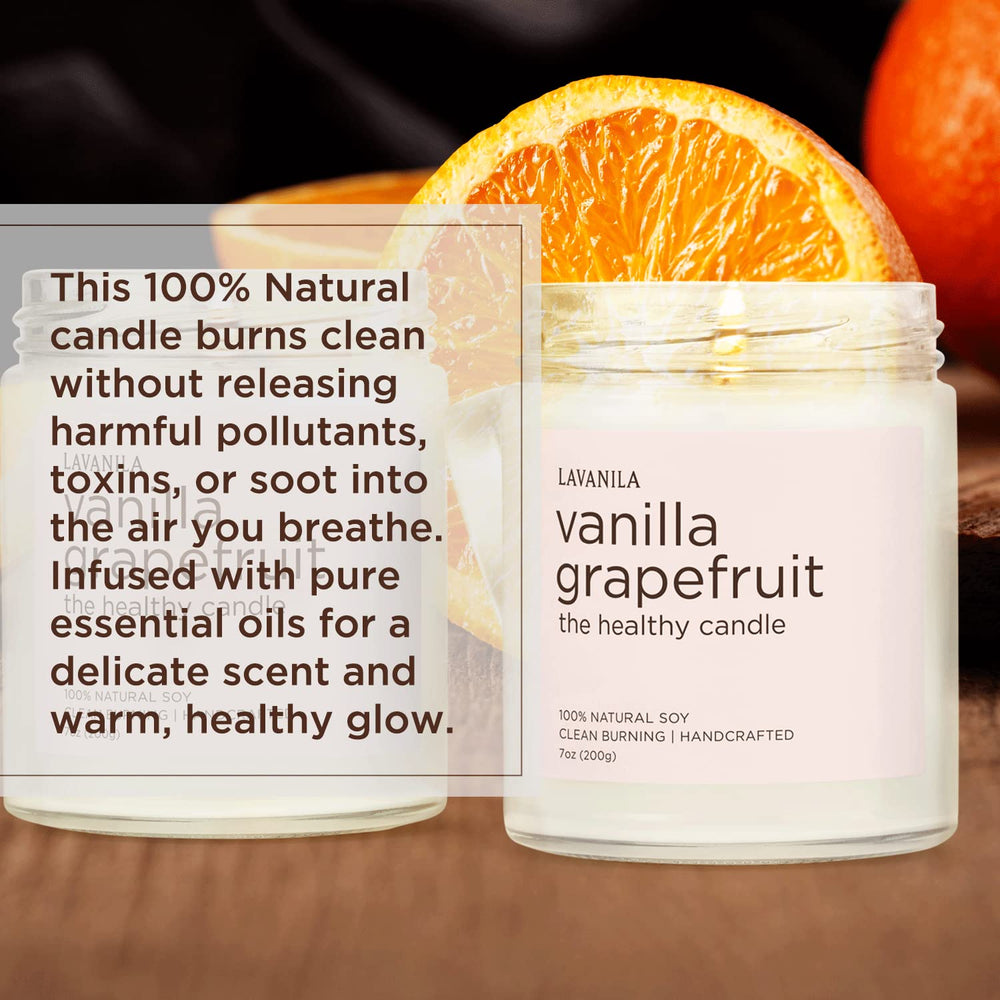 Lavanila 7 oz candle information graphic highlights burn time and ingredients.