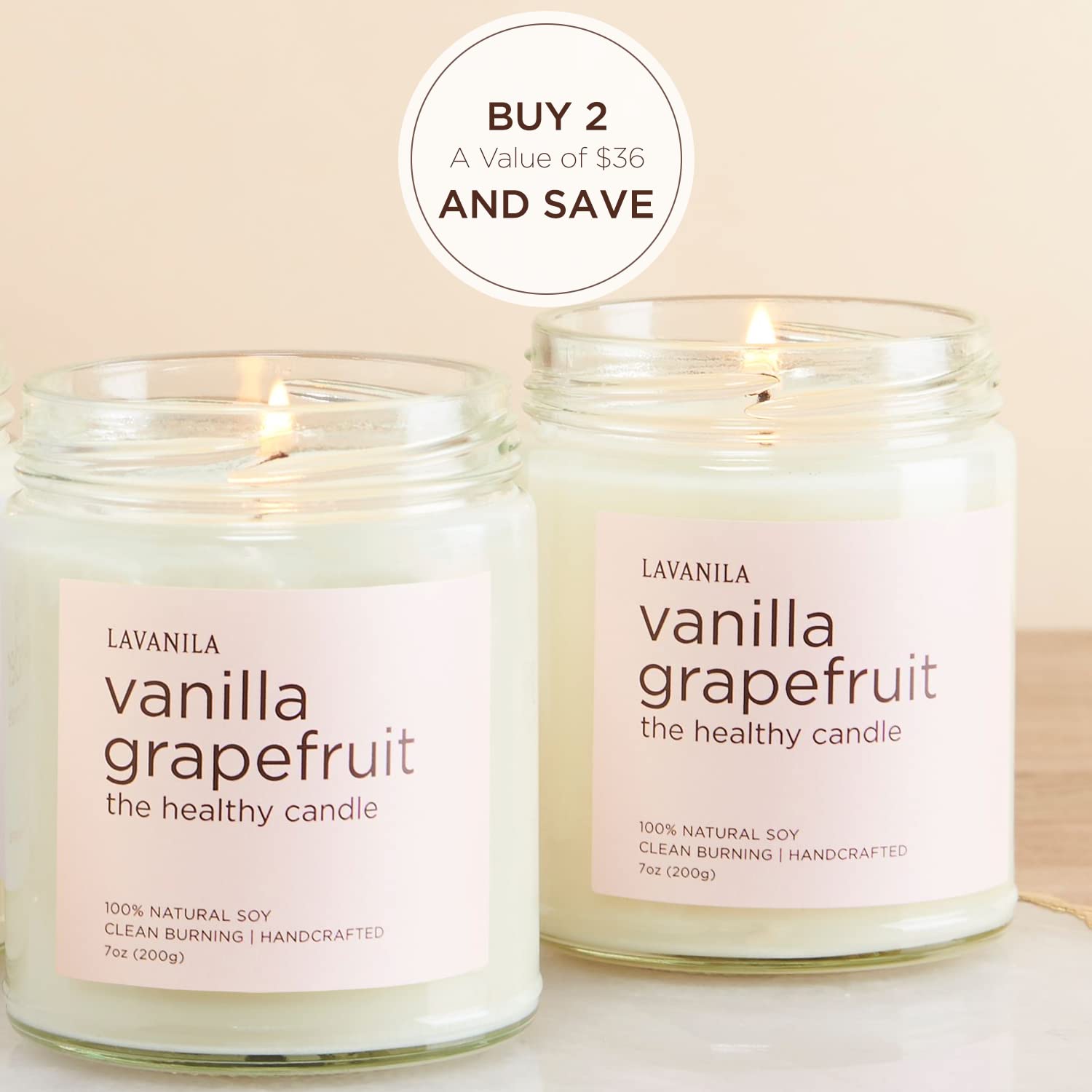 Lavanila vanilla grapefruit candle label close-up highlights premium soy formula.