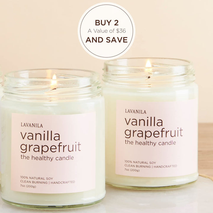 Lavanila vanilla grapefruit candle label close-up highlights premium soy formula.