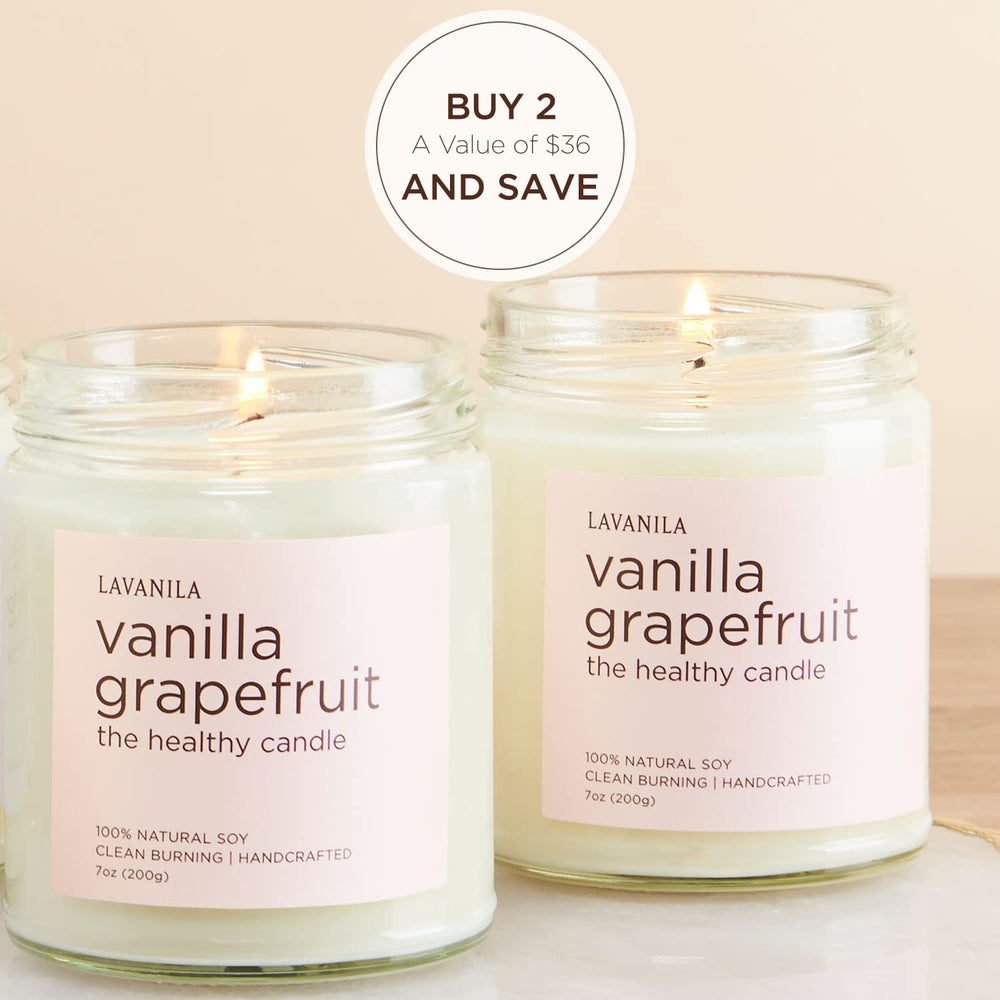 Lavanila vanilla grapefruit candle label close-up highlights premium soy formula.