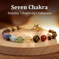 Seven chakra stones from Carnelian to Amethyst showcase balanced energy and focus.