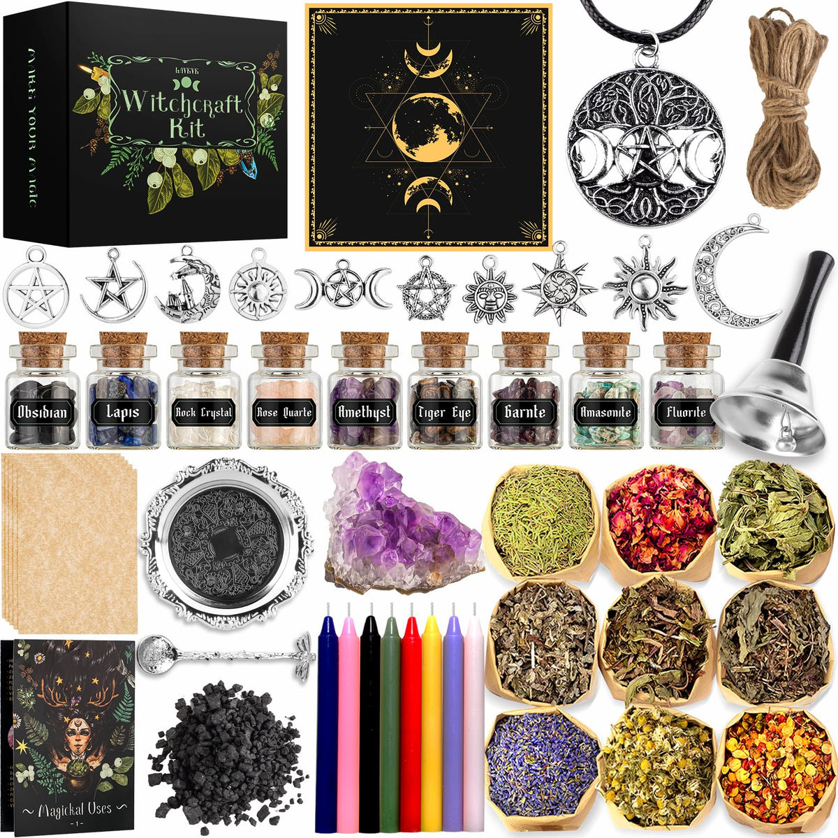 LAVEVE Witchcraft box crystal bottles with real stones for ritual focus and decorative display.
