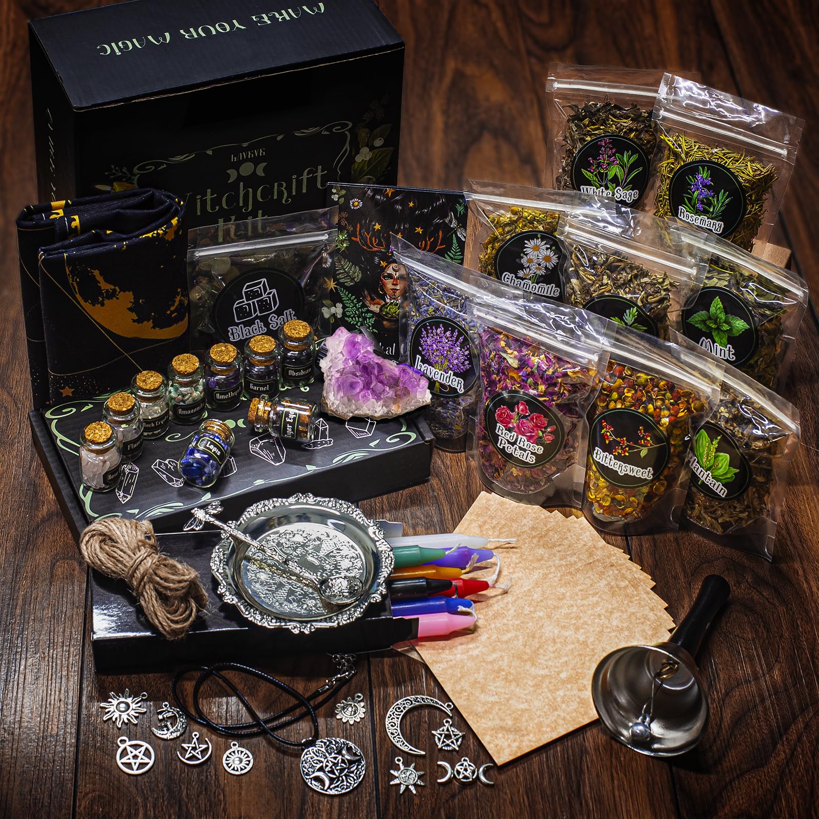 LAVEVE Witchcraft box dried herb packs for healing ambiance and spellwork inspiration.