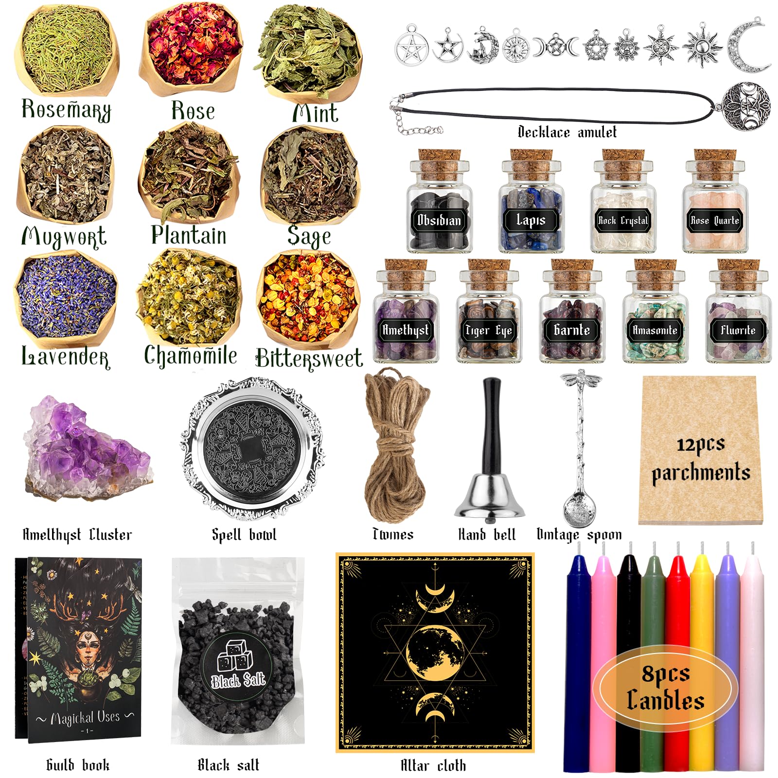 LAVEVE Witchcraft box kit layout showing tools and components for starting rituals.
