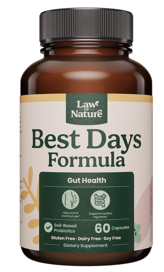 Law Of Nature Best Days Formula bottle and capsules for digestive comfort.