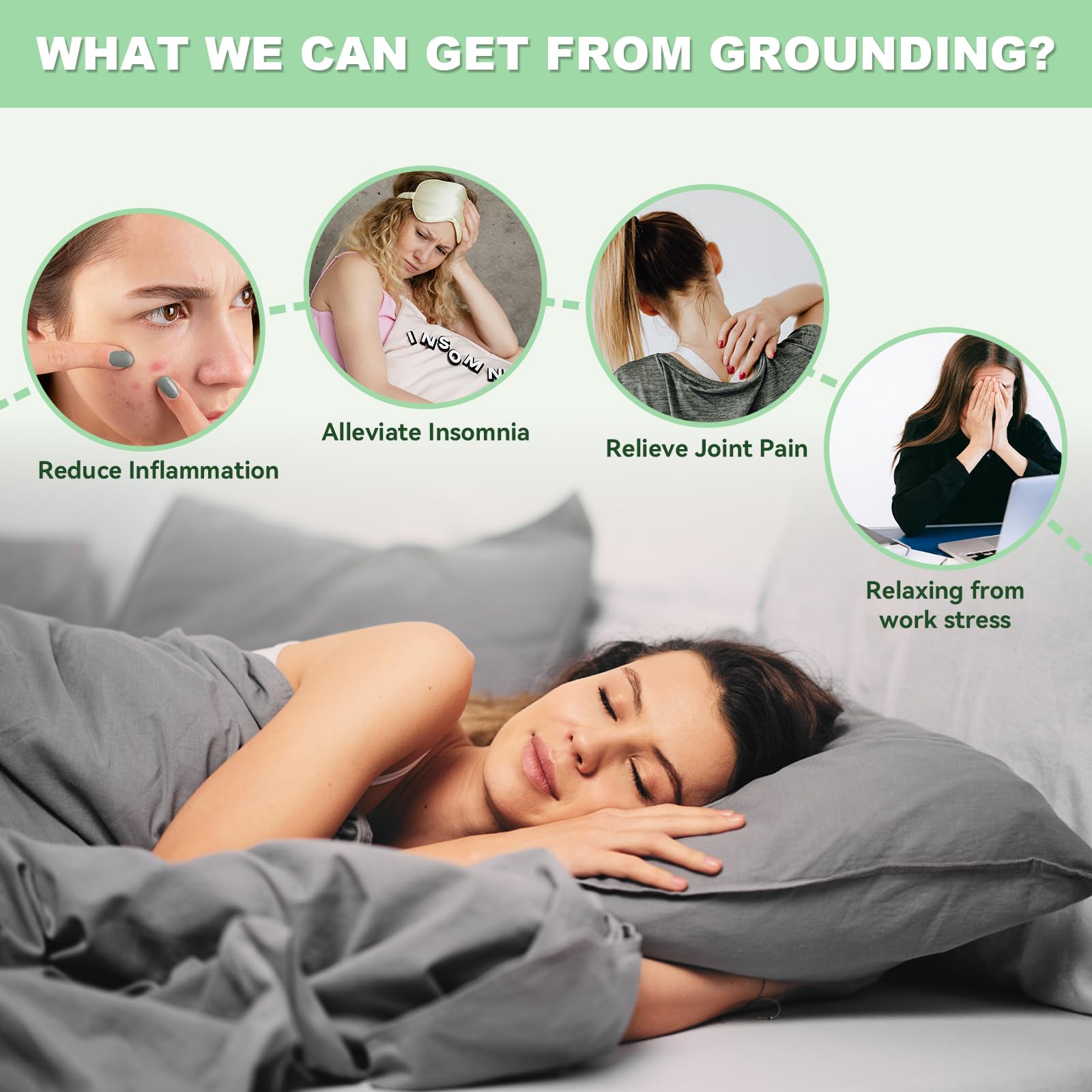 LAXVAPIU grey grounding sheet draped on bed, emphasizing smooth texture and breathable cotton