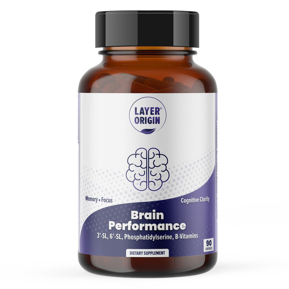 Layer Origin Brain Performance bottle label highlights 3'-SL and 6'-SL for memory support.