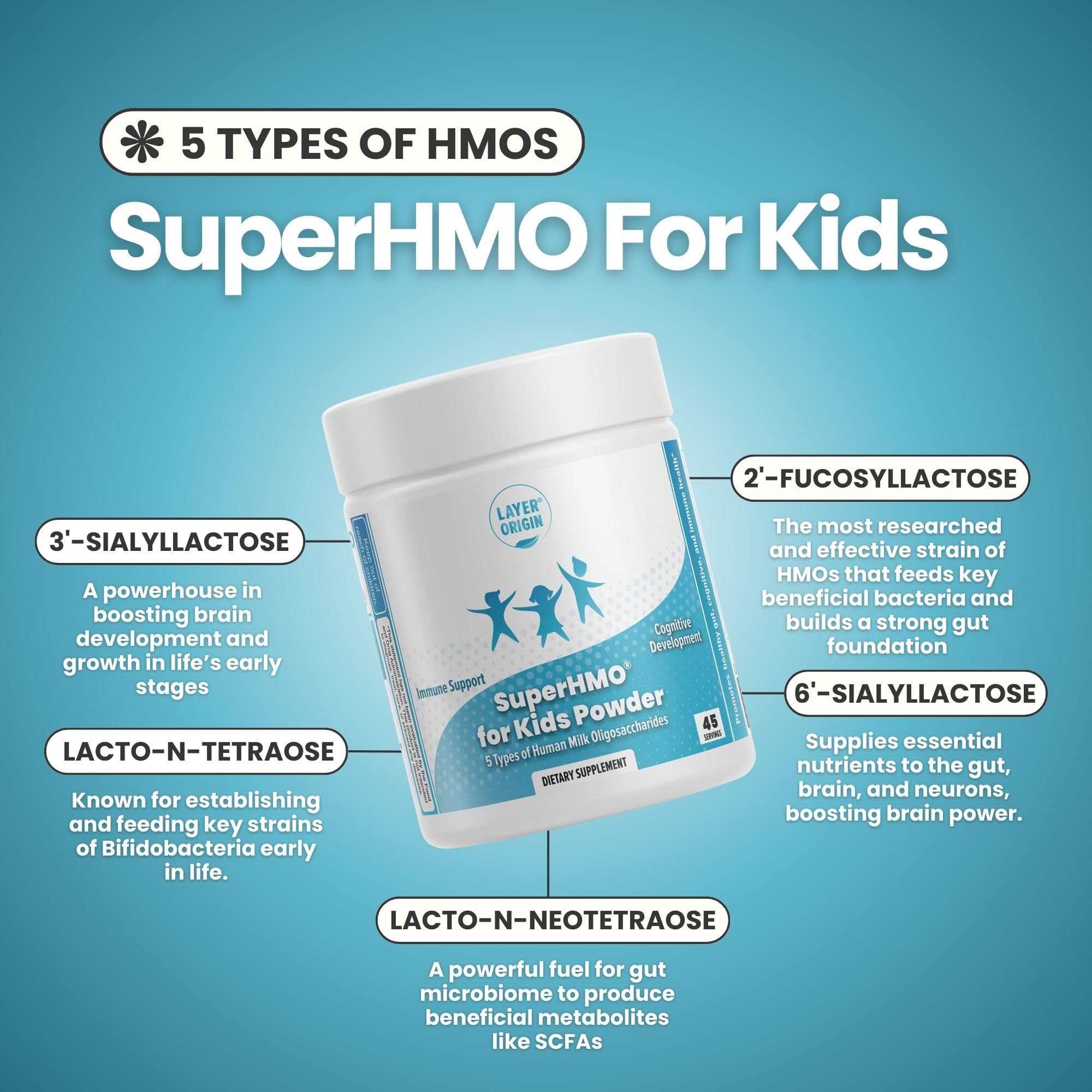 Layer Origin SuperHMO kids stirring into smoothie for convenient daily snack.